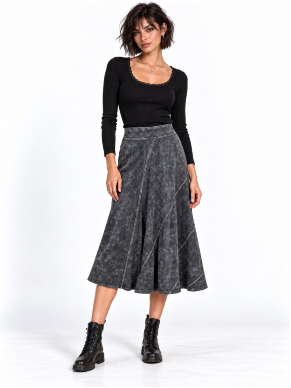 Red Myth Mineral Wash Midi Skirt S/M Stretch Cotton Paneled Whimsigoth Grunge
